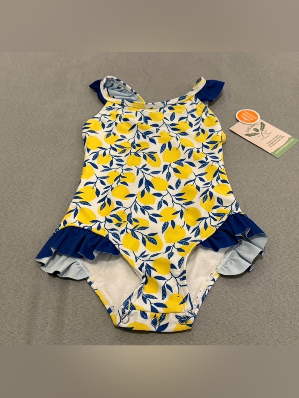Girls Lemon Print Ruffle One-Piece Swimsuit - Yellow & Navy